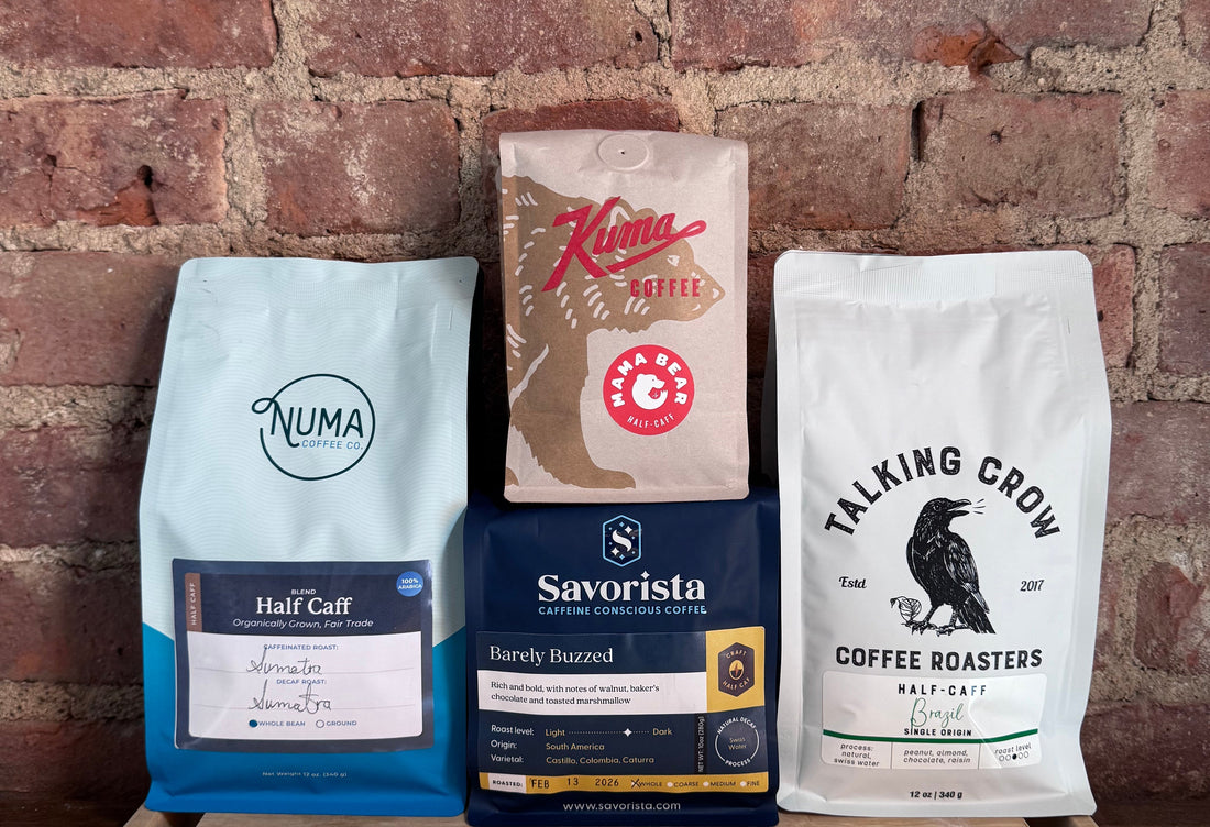 Swiss Water Decaf Half Caf Growing in Popularity bags of Numa, Kuma, Savorista, and Talking Crow Coffee