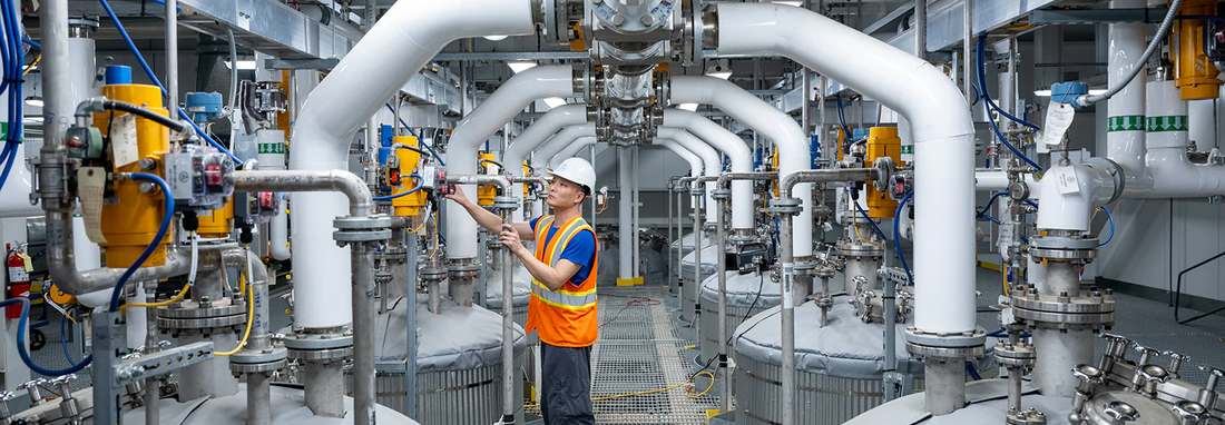 Person in safety gear working on a system of tanks and tubes at Swiss Water Decaffeinated Coffee's facility in Delta, British Columbia Canada.