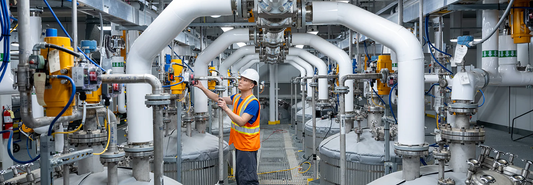 Person in safety gear working on a system of tanks and tubes at Swiss Water Decaffeinated Coffee's facility in Delta, British Columbia Canada.