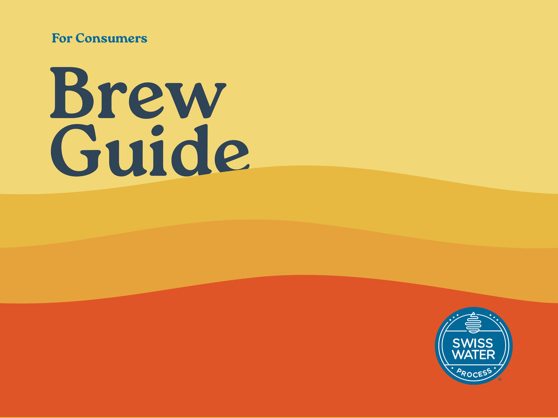 Brew Guide for consumers with Swiss Water logo on a colorful background