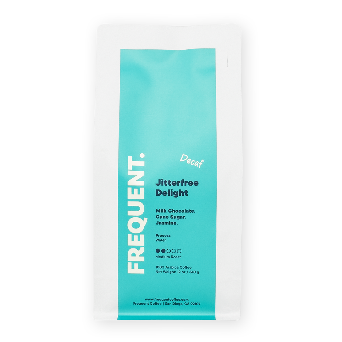 Frequent Coffee Jitterfree Delight Swiss Water Decaf whtie coffee bag with aqua label