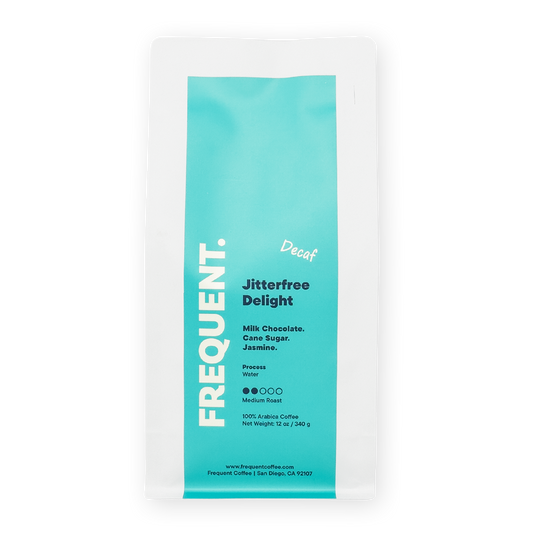 Frequent Coffee Jitterfree Delight Swiss Water Decaf whtie coffee bag with aqua label